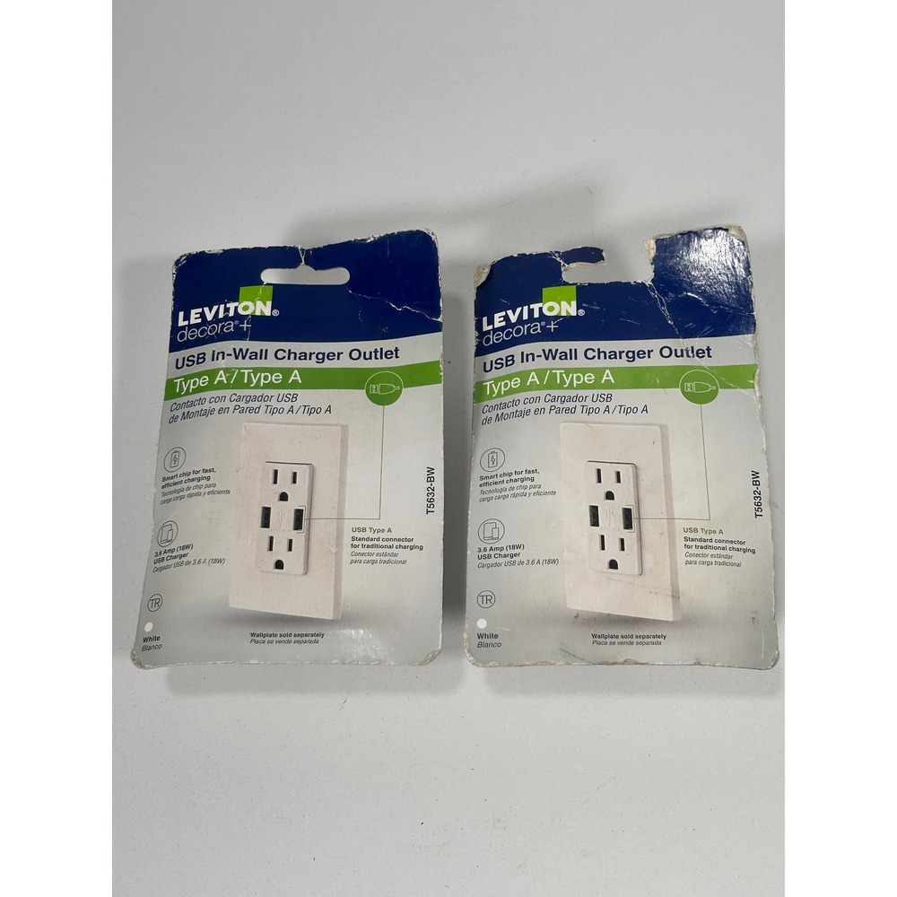 Lot of 2 Leviton Decora Plus USB In-Wall Charger Outlet White T5632-BW Type A